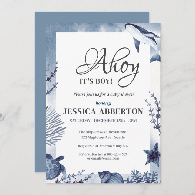 Ahoy, det är en pojke under havsdjuren Baby Inbjudningar (Fram/baksida)