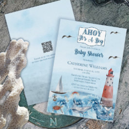 Ahoy Det är en pojkfyr, Ocean Baby Shower QR Inbjudningar
