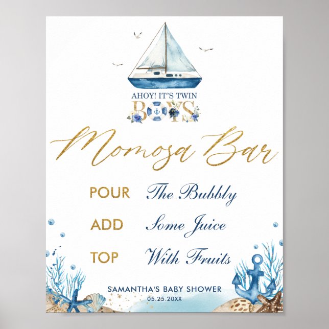 Ahoy Det är Twin Boy Nautical Baby Shower Momosa P Poster (Framsidan)