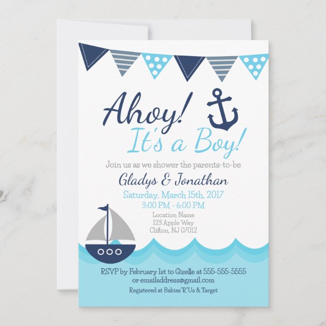 Ahoy! It’s a Boy Nautical Sailor Baby Shower Invit Inbjudningar (Framsida)
