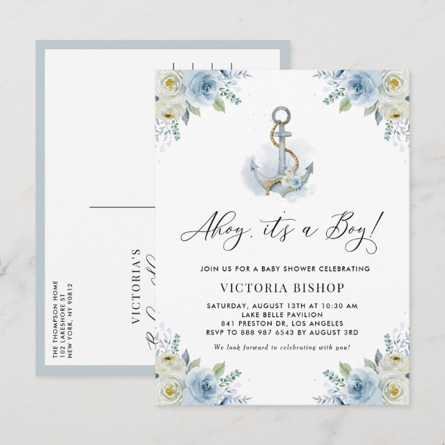 Ahoy It's a Boy Anchor Floral Nautical Baby Shower Inbjudan Vykort (Fram/baksida)