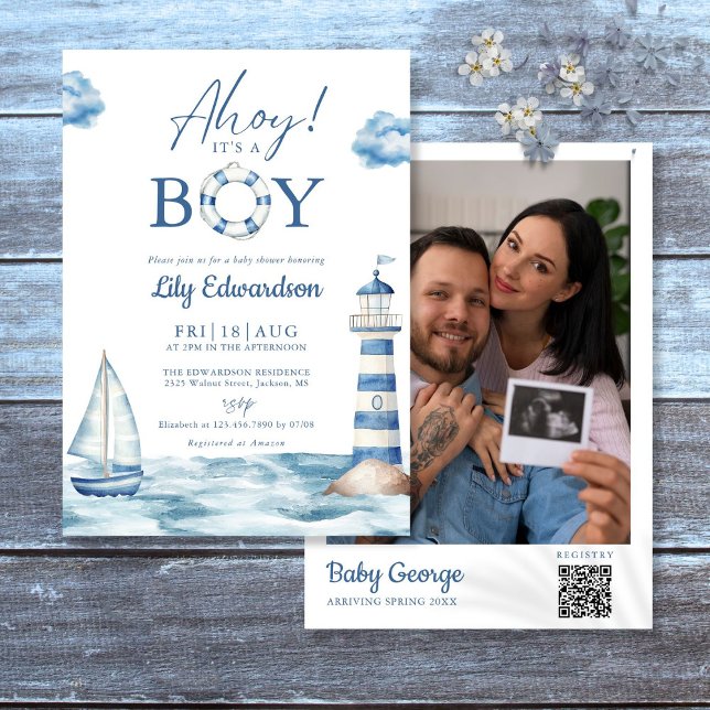 Ahoy its A Boy Baby Shower Photo QR Code Inbjudningar (Skapare uppladdad)