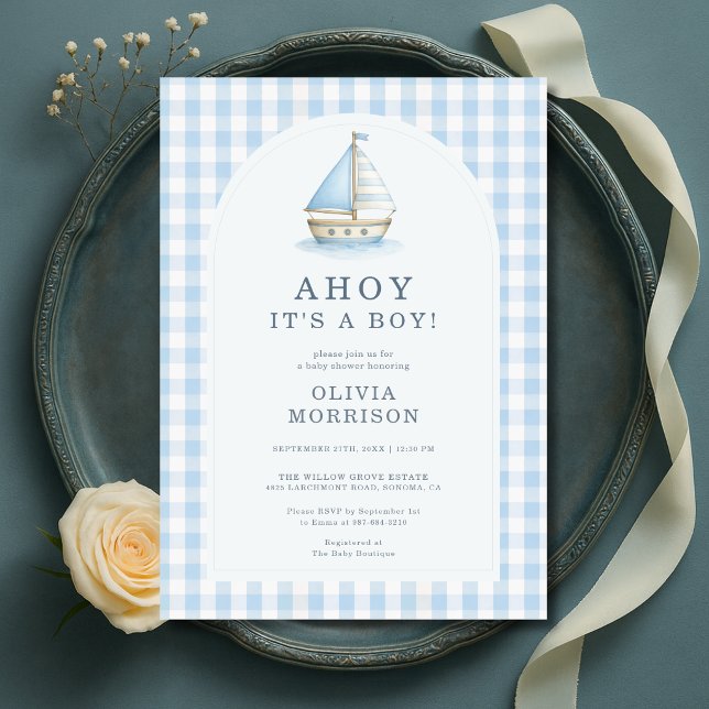 Ahoy It's a Boy Blå Rutiga Baby Shower Inbjudningar (Skapare uppladdad)