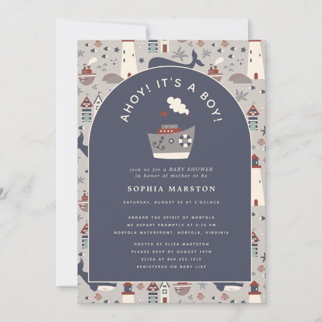 Ahoy It's a Boy Nautical Blue Baby Shower  Inbjudningar (Framsida)