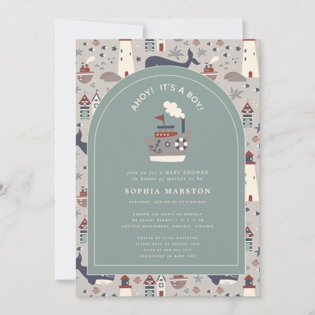 Ahoy It's a Boy Nautical Blue Baby Shower  Inbjudningar (Framsida)