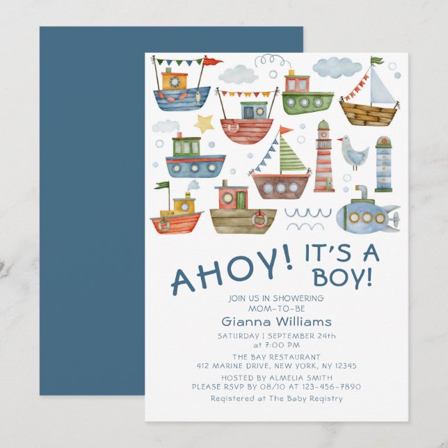 Ahoy It's A Boy Nautilus Bebis Badrumsfirande Inbjudningar (Fram/baksida)