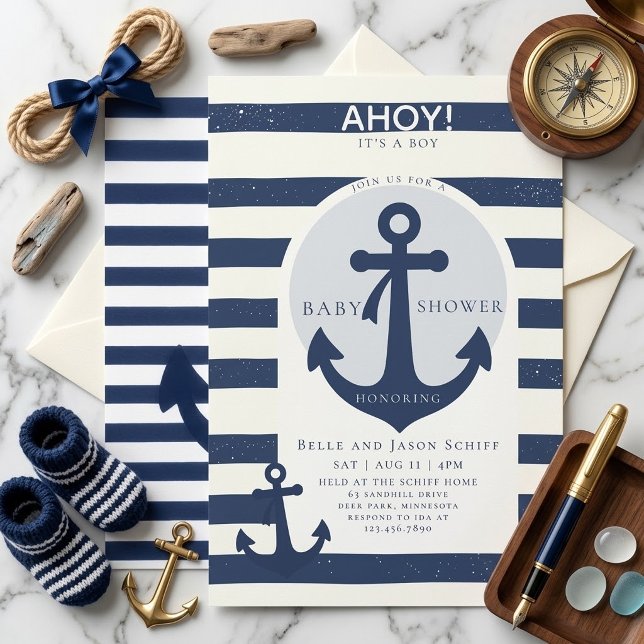 Ahoy It's a Boy Nautilus Bebisbad Invitation Inbjudningar (Skapare uppladdad)