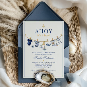 Ahoy It's a Boy Nautilus Klädlinje Baby Shower Inbjudningar