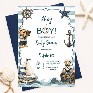 Ahoy It's a Boy Nautilus Teddybjörn Bebis Bjudning Inbjudningar