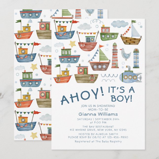 Ahoy It's A Boy - Nautisk Bebis-fest Inbjudningar (Fram/baksida)