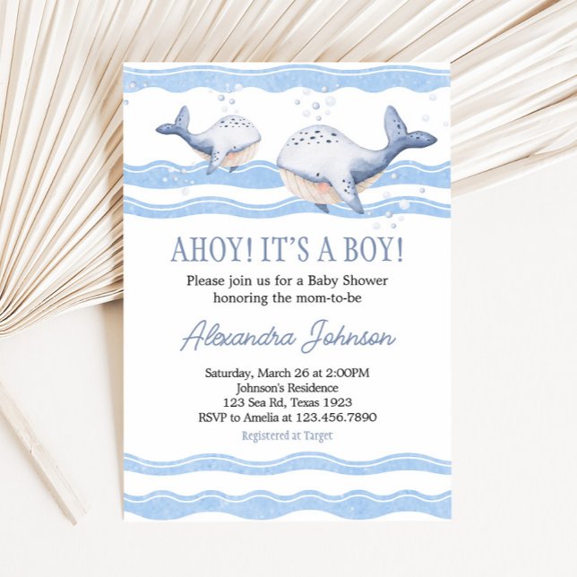 Ahoy It's a Boy Whale Baby Shower  Inbjudningar (Ahoy Whale Baby Shower Invitation)