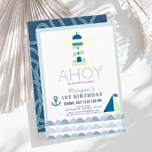 Ahoy Lighthouse Nautical Blue Boy 1st Birthday Inbjudningar