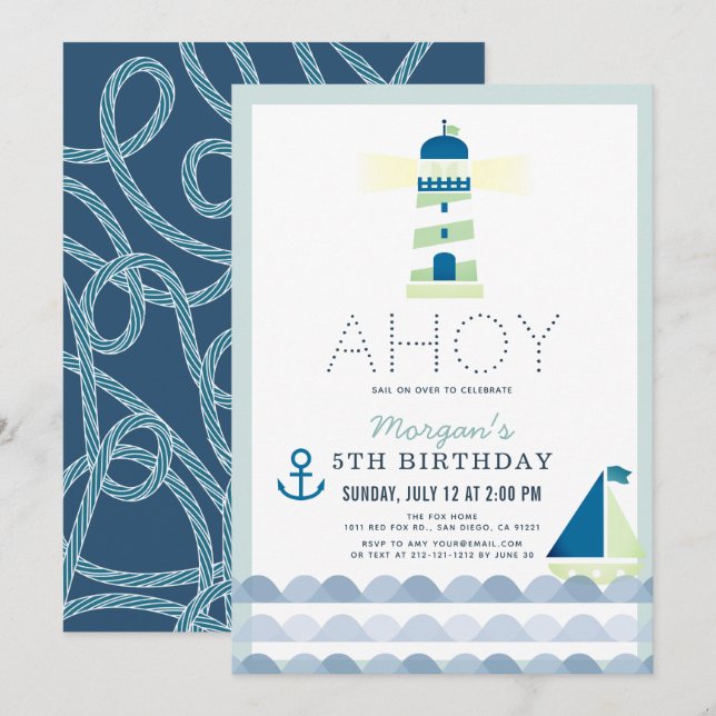 Ahoy Lighthouse Nautical Blue Boy Birthday Inbjudningar (Fram/baksida)