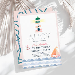Ahoy Lighthouse Nautical Rosa Girl 1 Birthday Inbjudningar