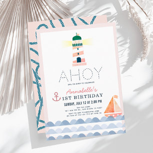 Ahoy Lighthouse Nautical Rosa Girl 1 Birthday Inbjudningar