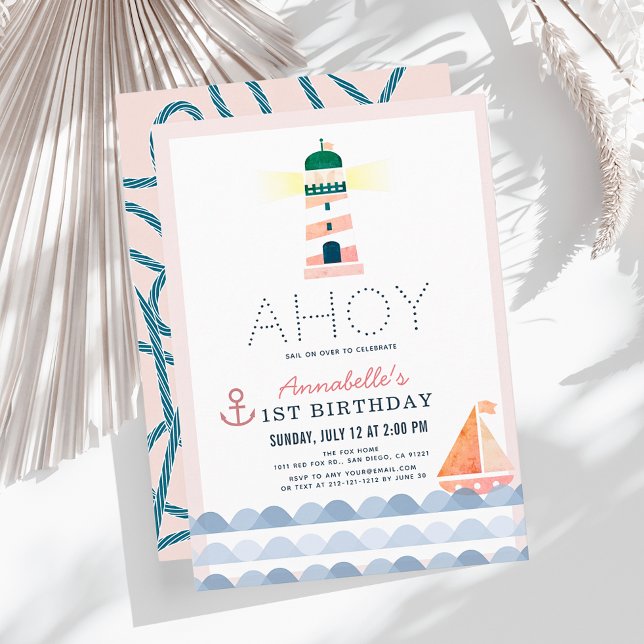 Ahoy Lighthouse Nautical Rosa Girl 1 Birthday Inbjudningar (Skapare uppladdad)