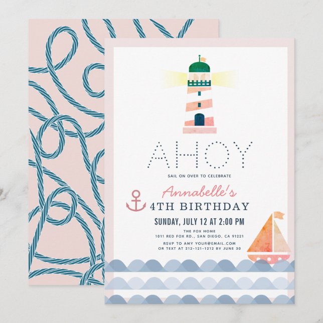 Ahoy Lighthouse Nautical Rosa Girl Birthday Inbjudningar (Fram/baksida)
