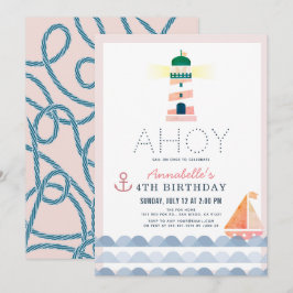 Ahoy Lighthouse Nautical Rosa Girl Birthday Inbjudningar