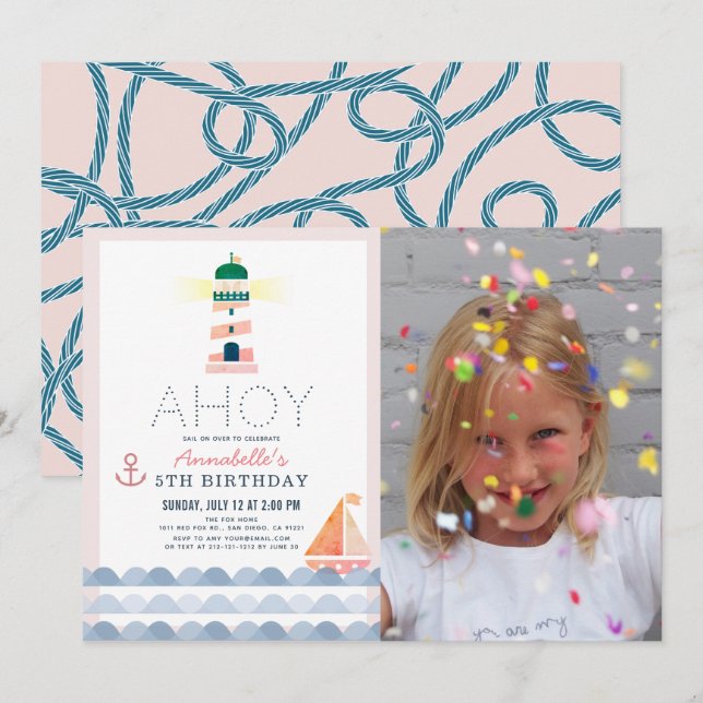Ahoy Lighthouse Nautical Rosa Girl Photo Birthday Inbjudningar (Fram/baksida)