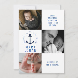 Ahoy Liten Pojke Fotokollage Ankare Blå Födelse Meddelande