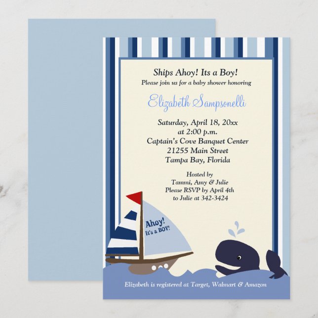 Ahoy Mate Blue Rand Whale Baby Shower 5x7 Inbjudningar (Fram/baksida)