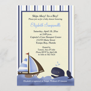 Ahoy Mate Blue Whale Baby Shower 5x7 Inbjudningar