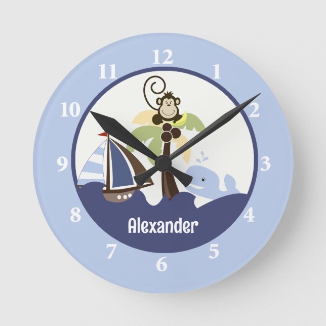 Ahoy Mate Monkey Whale Wall Clock Lägg till Namn Rund Klocka (Framsida)