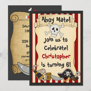Ahoy Mate! Pirat Skull n Crossbone Red Birthday Inbjudningar