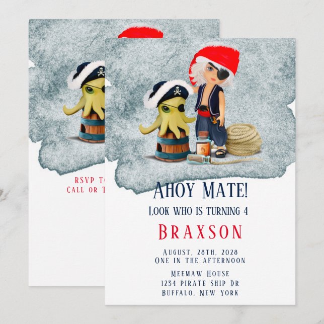 Ahoy Mate Pirater Boy Födelsedagsfest inbjudan (Fram/baksida)