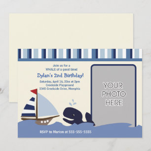Ahoy Mate Sailboat Navy Whale Birthday Photo Inbjudningar