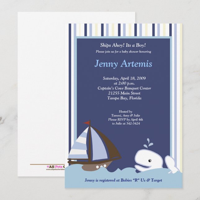 Ahoy Mate Whale Sailboat Boy Nautical Baby Shower Inbjudningar (Fram/baksida)