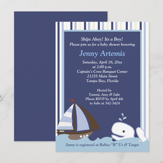 Ahoy Mate White Whale 4x6 Baby Shower Inbjudan (Fram/baksida)