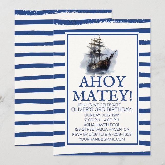 Ahoy Matey! Black Pirat Frakt Birthday Inbjudningar (Fram/baksida)