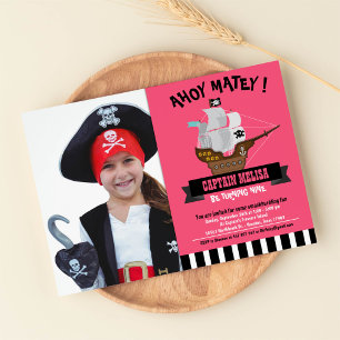 Ahoy Matey! Boat Rosa Pirat Birthday Photo Inbjudningar