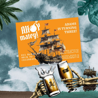 Ahoy Matey! Orange Pirat Frakt Birthday Inbjudningar