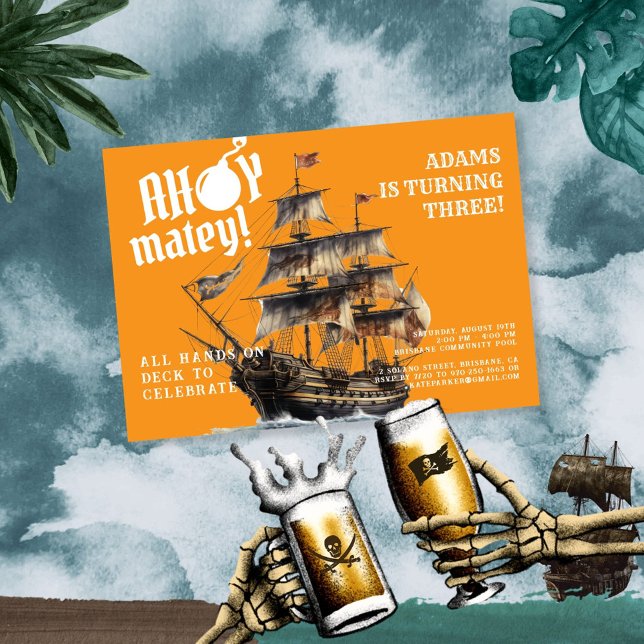 Ahoy Matey! Orange Pirat Frakt Birthday Inbjudningar (Skapare uppladdad)