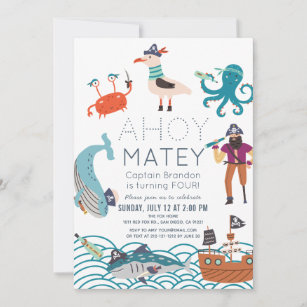 Ahoy Matey Pirat Sea Animal Birthday Inbjudningar