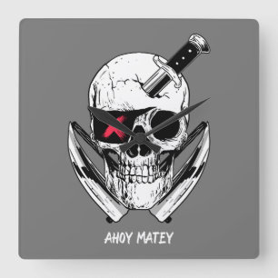 Ahoy Matey Pirat Skull Wall Clock Fyrkantig Klocka