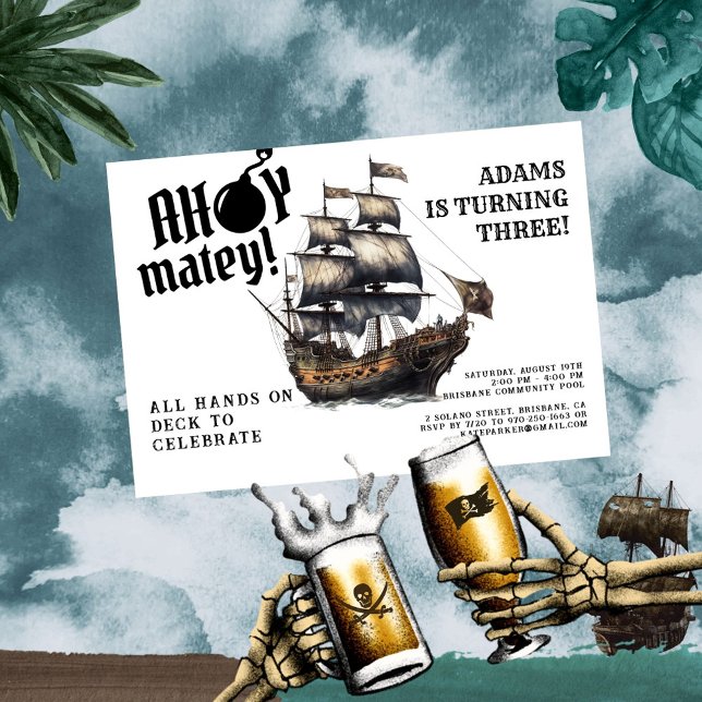 Ahoy Matey! Vita Pirat Frakt Birthday Inbjudningar (Skapare uppladdad)