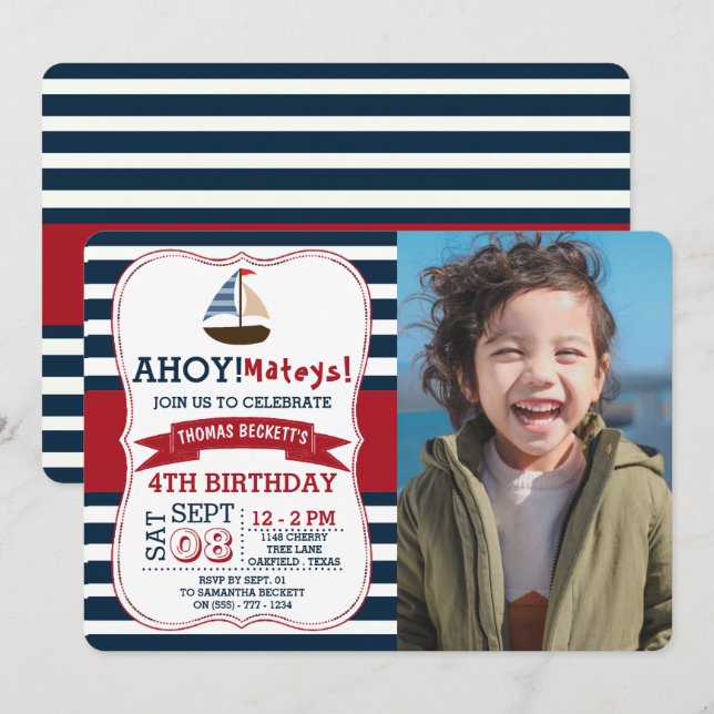 Ahoy Mateys! Nautical Boat Boys Photo Birthday Inbjudningar (Fram/baksida)