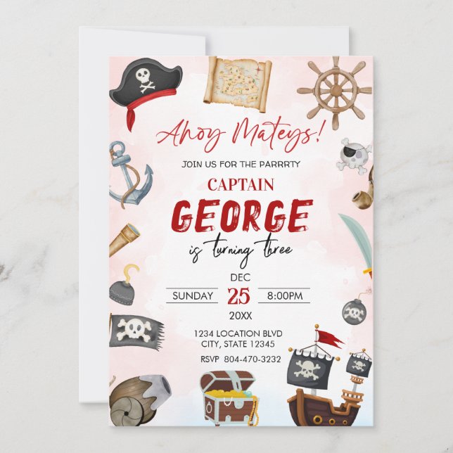 Ahoy mateys pirate Boy birthday  Invitation Inbjudningar (Framsida)