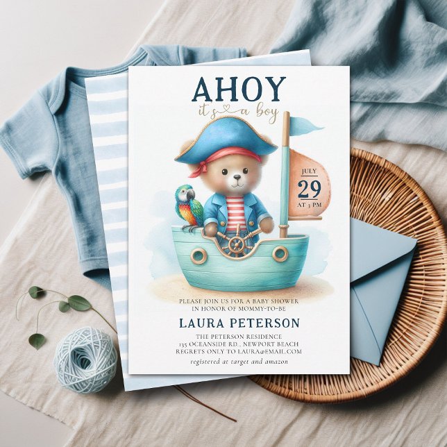 Ahoy Nalle Pirat kapten Boy Baby Shower Inbjudningar (ahoy boy baby shower invitation teddy bear pirate captain parrot boat cute watercolor character)