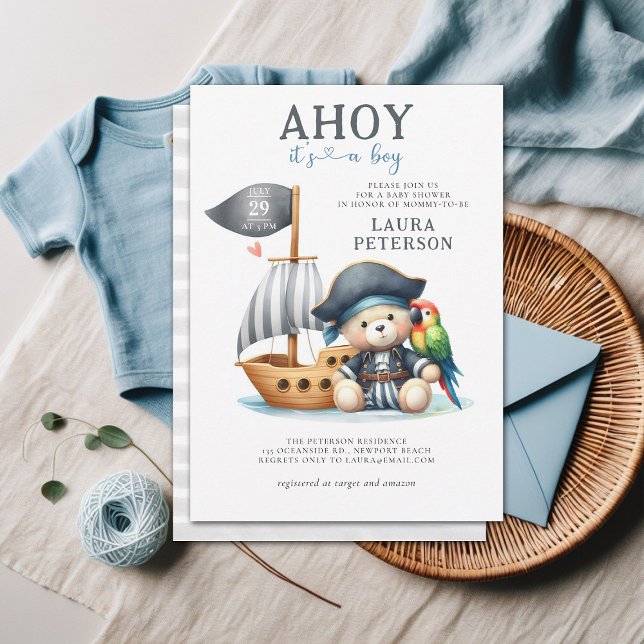 Ahoy Nalle Pirat Sailor Boy Shower Inbjudningar (ahoy boy baby shower invitation teddy bear pirate sailor boat captain cute watercolor character)