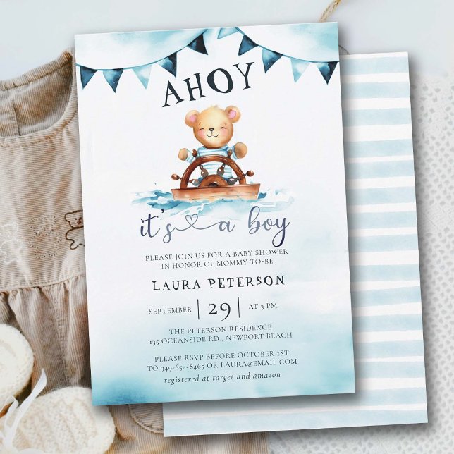 Ahoy Nalle Vågar Boat Helm Boy Shower Inbjudningar (ahoy its a boy baby shower invitation teddy bear captain sailor boat helm nautical beach coastal)