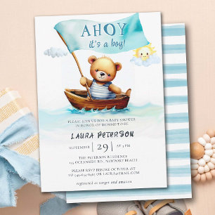 Ahoy Nalle Vinkarare Boat Cute Boy Shower Inbjudningar