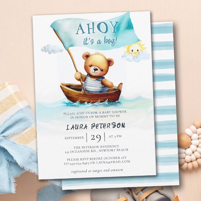 Ahoy Nalle Vinkarare Boat Cute Boy Shower Inbjudningar (ahoy its a boy cute teddybear in boat ocean waves baby boy shower invitation watercolor elegant fun)