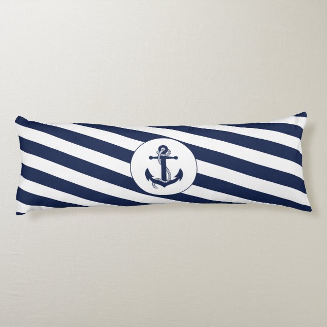 Ahoy! Nautical Anchor Navy Blue & White Rand Kroppskudde (Baksidan)