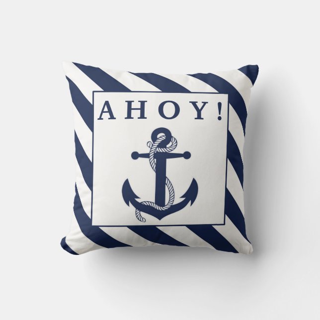 Ahoy! Nautical Anchor Navy Blue & White Rand Kudde (Framsida)