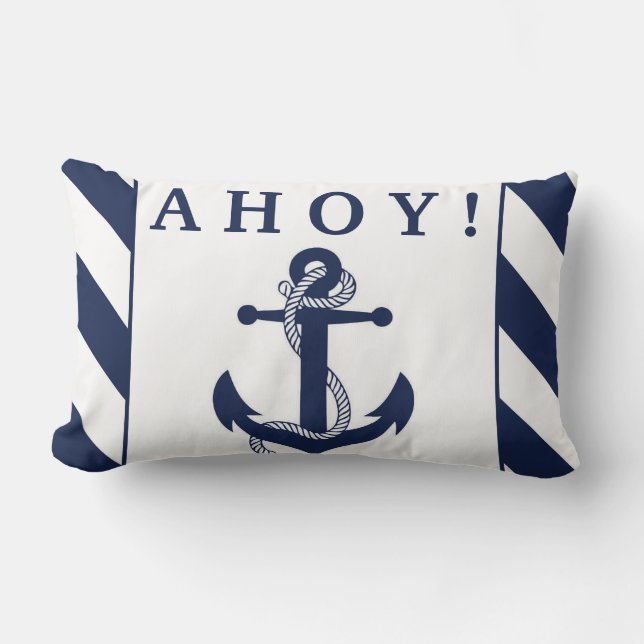 Ahoy! Nautical Anchor Navy Blue & White Rand Lumbarkudde (Framsida)