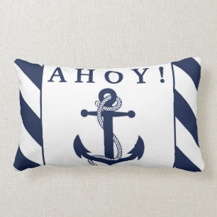Ahoy! Nautical Anchor Navy Blue & White Rand Lumbarkudde